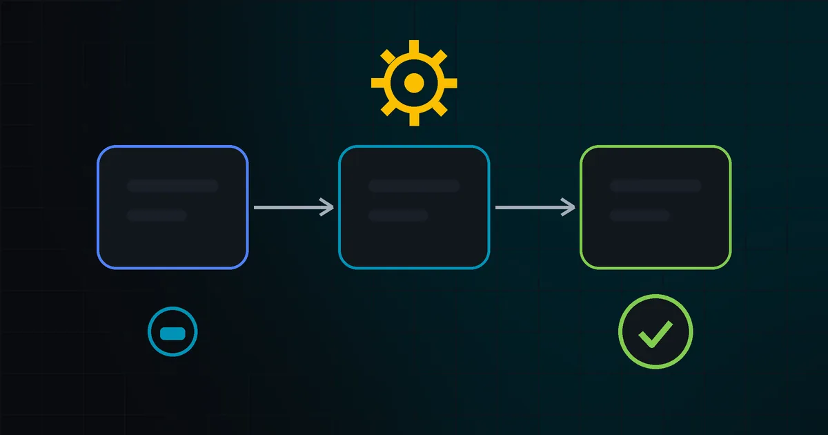 A workflow diagram of three boxes joined by arrows with a gear and an approval tick; navy on white