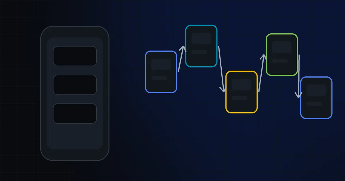 A phone showing a simple screen flow of five small screens connected by arrows; blue-white